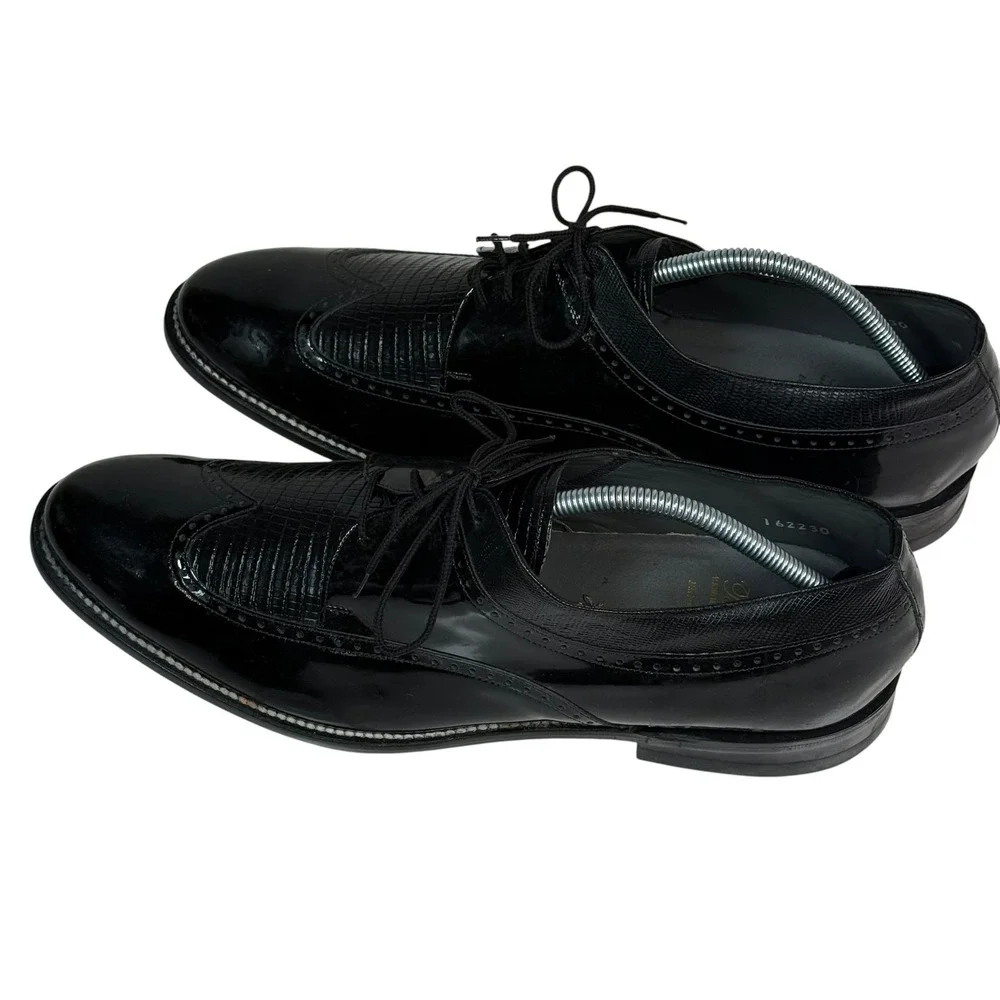 Baldwin Mens Black Patent Lizard Embossed Wingtip Oxford Dress Shoes Size‎ 12